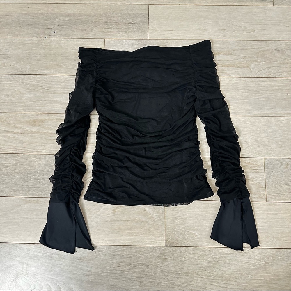 Off-Shoulder Black Ruched Long-Sleeve Top
